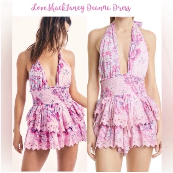 LoveShackFancy Pink Floral Deanna Halter Mini Dress